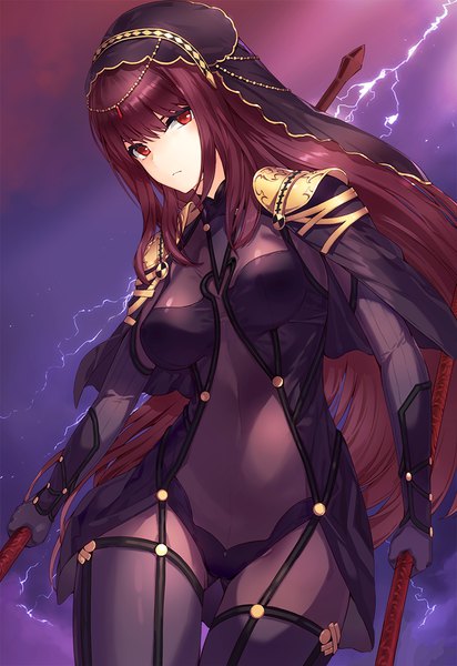 Anime picture 736x1070 with fate (series) fate/grand order scathach (fate) (all) scathach (fate) kfr single long hair tall image looking at viewer blush fringe breasts light erotic hair between eyes red eyes holding full body red hair covered navel dual wielding