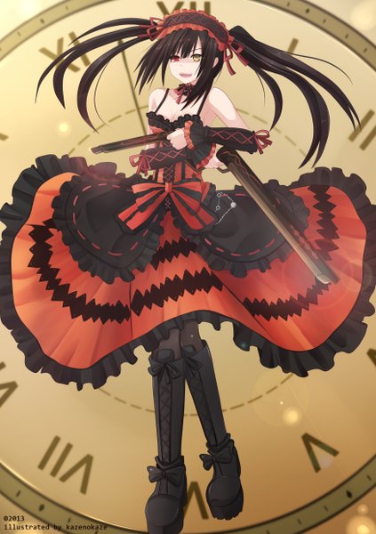 Anime picture 1748x2480 with date a live tokisaki kurumi kazenokaze single long hair tall image highres open mouth black hair red eyes twintails bare shoulders yellow eyes heterochromia lolita fashion girl dress weapon detached sleeves boots