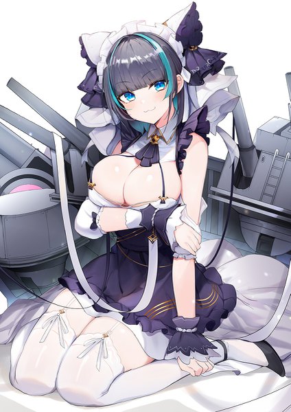 Anime picture 849x1200 with azur lane cheshire (azur lane) luse maonang single tall image looking at viewer blush fringe short hair breasts blue eyes light erotic black hair simple background smile large breasts white background sitting payot full body