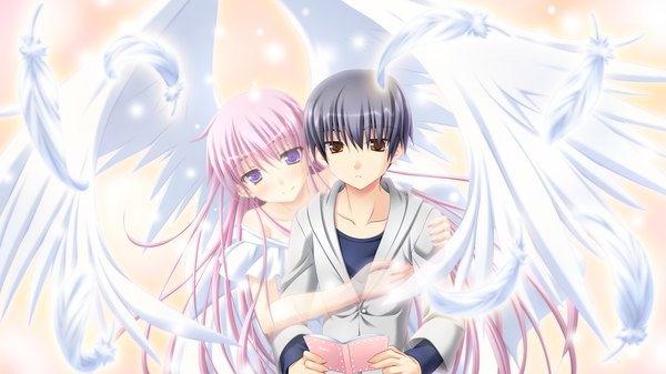 Anime picture 2560x1440 with yaneura no kanojo dp minase (artist) long hair highres short hair black hair wide image purple eyes brown eyes pink hair game cg couple girl dress boy wings feather (feathers)