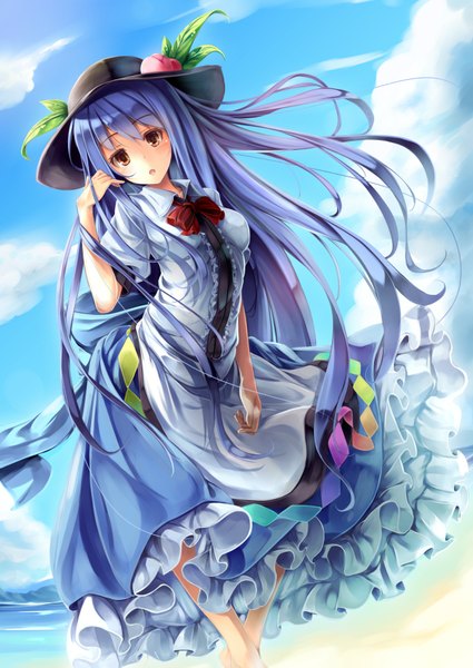 Anime picture 1254x1771 with touhou hinanawi tenshi fal maro single long hair tall image looking at viewer open mouth red eyes blue hair girl dress hat frills