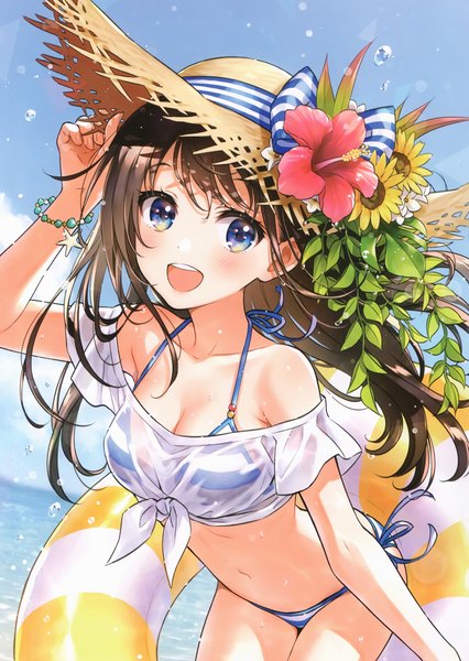 Anime picture 2103x2961 with original morikura en single long hair tall image looking at viewer blush fringe highres breasts open mouth blue eyes light erotic smile hair between eyes brown hair standing bare shoulders sky cleavage