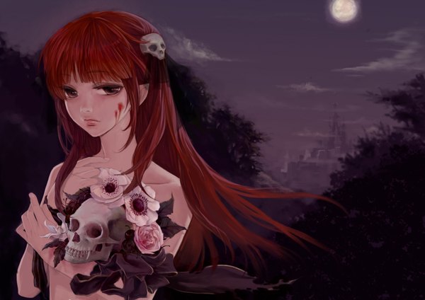 Anime picture 2000x1414 with original silverwing long hair highres light erotic bare shoulders cloud (clouds) red hair night night sky crossed arms girl hair ornament flower (flowers) moon blood full moon bouquet skull castle