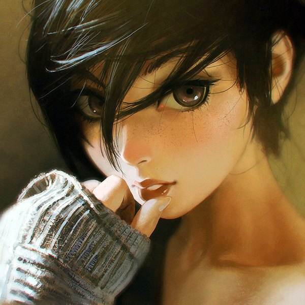 Anime picture 900x900 with original ilya kuvshinov single blush fringe short hair black hair simple background hair between eyes brown eyes long sleeves parted lips fingernails lips realistic finger to mouth revision brown background freckles girl