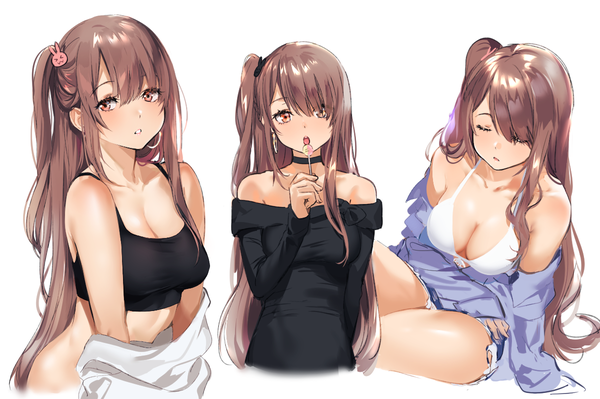 Anime picture 1200x798 with original mery (yangmalgage) single long hair looking at viewer blush fringe breasts light erotic simple background hair between eyes brown hair large breasts white background payot eyes closed parted lips off shoulder arm support orange eyes