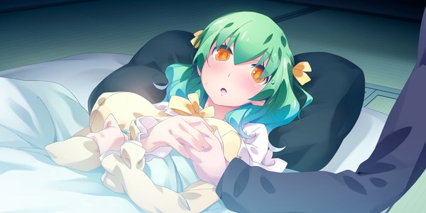 Anime picture 2400x1200 with kaminoyu (game) long hair highres light erotic wide image game cg lying green hair orange eyes girl pillow