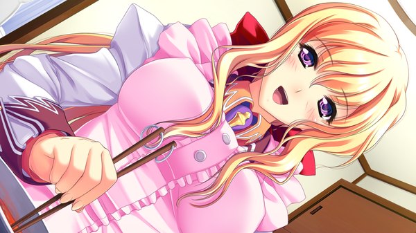 Anime picture 1280x720 with koi mekuri clover niina ayami amasaka takashi long hair blush open mouth blonde hair wide image purple eyes game cg cooking girl apron