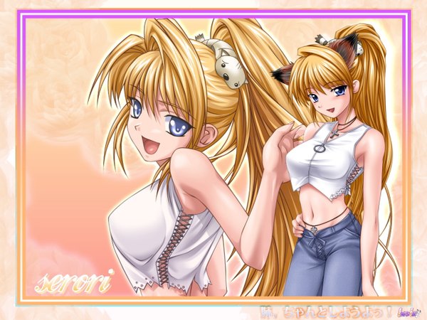 Anime picture 1280x960 with nee, chanto shiyou yo! hiiragi serori single long hair looking at viewer fringe open mouth blue eyes light erotic blonde hair hair between eyes bare shoulders ponytail midriff wallpaper copyright name character names hand on hip girl crop top