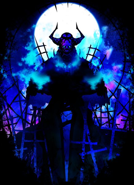 Аниме картинка 1200x1651 с fate (series) fate/grand order king hassan (fate) harada miyuki один (одна) высокое изображение смотрит на зрителя голубые глаза рог (рога) демон мужчина луна крест полная луна череп