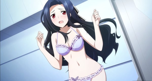 Anime-Bild 1280x685 mit mahouka koukou no rettousei saegusa mayumi single long hair looking at viewer blush fringe breasts open mouth light erotic black hair red eyes wide image standing cleavage arms up underwear only half updo girl navel
