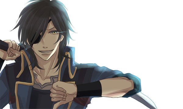Anime picture 1181x709 with sengoku basara production i.g date masamune single looking at viewer short hair open mouth black hair simple background smile wide image white background brown eyes boy weapon sword katana eyepatch