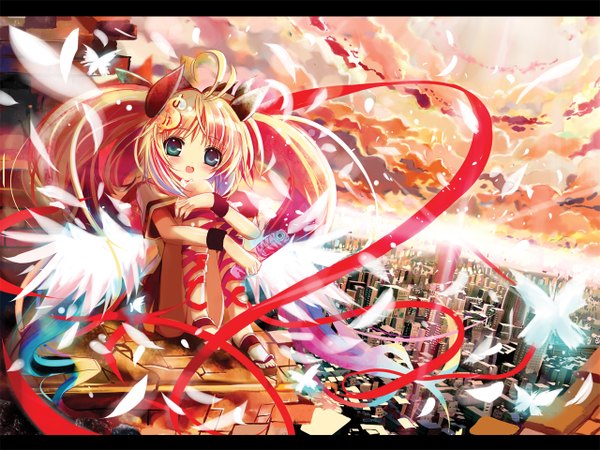 Anime picture 1280x960 with greed packet unlimited nokia shino (eefy) single long hair looking at viewer blush blue eyes blonde hair sitting twintails sky ahoge city letterboxed cityscape embryo's pose girl wings