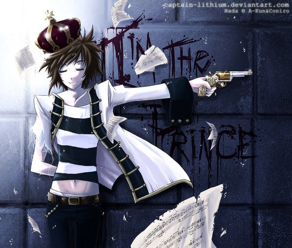 Anime picture 966x823 with original captain-lithium single fringe short hair smile brown hair holding eyes closed arm up inscription striped arm behind back against wall boy navel weapon belt gun pants