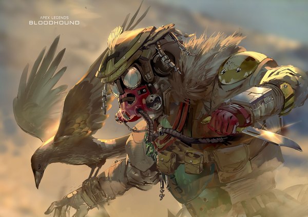 Anime picture 1415x1000 with apex legends bloodhound (apex legends) yoshimoto (dear life) single upper body copyright name fur trim character names ambiguous gender weapon hat animal bird (birds) fur knife fur collar gas mask