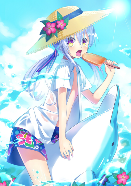 Anime picture 706x1000 with original nyori single long hair tall image looking at viewer fringe breasts open mouth purple eyes holding sky cloud (clouds) white hair sunlight open clothes open shirt flat chest girl flower (flowers)