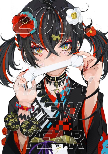 Anime picture 1061x1500 with original lam (ramdayo) single tall image looking at viewer fringe short hair black hair simple background hair between eyes white background twintails red hair nail polish traditional clothes head tilt japanese clothes multicolored hair hair flower fingernails