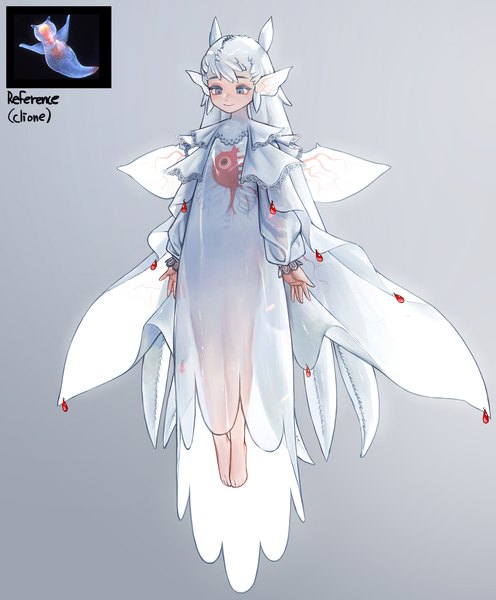 Anime picture 1826x2210 with original rinotuna single tall image highres simple background smile signed animal ears full body white hair long sleeves very long hair barefoot grey background puffy sleeves looking down silver eyes transparent personification