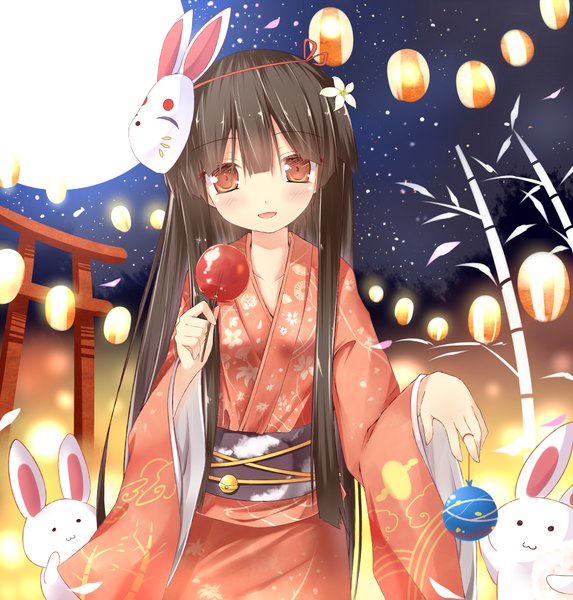 Anime picture 856x896 with touhou houraisan kaguya efe single long hair tall image looking at viewer blush fringe open mouth smile hair between eyes brown hair holding brown eyes blunt bangs traditional clothes japanese clothes hair flower night