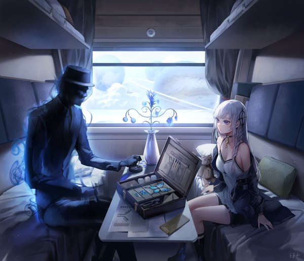 Anime picture 7000x6011 with original kim eb long hair fringe highres breasts sitting purple eyes bare shoulders signed absurdres cleavage silver hair cloud (clouds) indoors braid (braids) off shoulder open jacket side braid girl