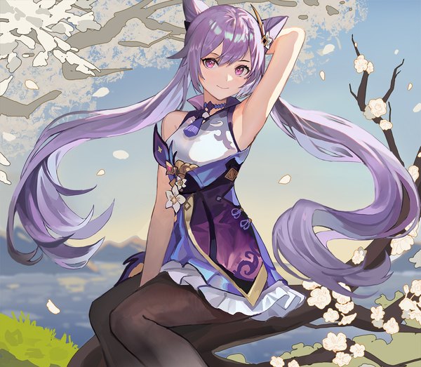 Anime picture 1148x1000 with genshin impact keqing (genshin impact) sl86 single long hair looking at viewer fringe smile sitting purple eyes twintails sky purple hair outdoors armpit (armpits) hair bun (hair buns) arm behind head plum blossoms tree sitting girl
