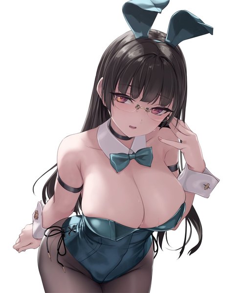 Anime picture 1064x1300 with kantai collection choukai heavy cruiser rokuwata tomoe single long hair tall image looking at viewer blush fringe breasts open mouth light erotic black hair simple background large breasts standing white background bare shoulders brown eyes animal ears