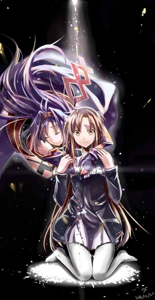 Anime picture 2243x4333 with sword art online a-1 pictures yuuki asuna yuuki (sao) jeffrey10 long hair tall image fringe highres brown hair sitting multiple girls brown eyes signed purple hair eyes closed light smile pointy ears hug tears
