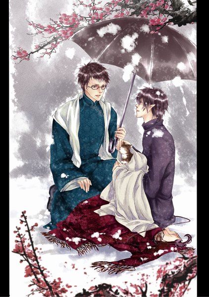 Anime picture 1300x1846 with ao no exorcist a-1 pictures okumura rin okumura yukio lalatia-meai tall image short hair black hair sitting purple eyes barefoot wind pointy ears snowing winter snow siblings plum blossoms brothers shared umbrella
