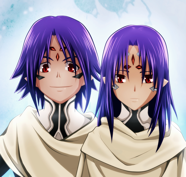 Anime picture 1000x954 with chrono crusade gonzo chrono aion (chrono) hao-hime long hair short hair smile red eyes purple hair coloring light boy cloak