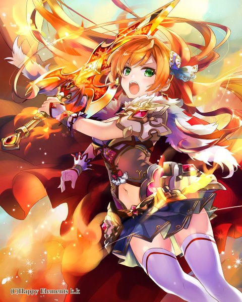 Anime picture 2000x2500 with original anatamouta single long hair tall image blush fringe highres open mouth green eyes sky cloud (clouds) orange hair midriff text glowing fighting stance body blush glowing weapon girl