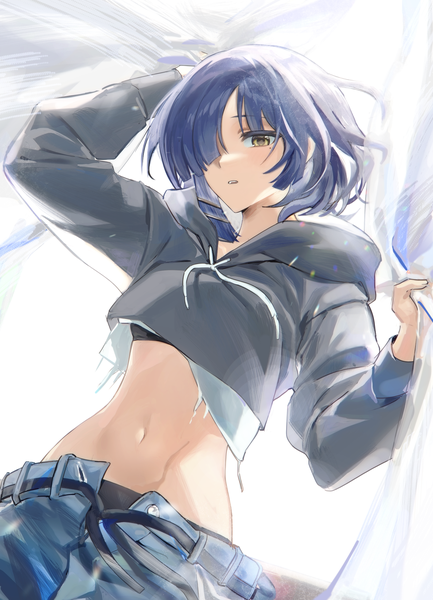 Anime picture 1550x2150 with bocchi the rock! cloverworks yamada ryou zuzu (wckd7545) single tall image fringe short hair light erotic yellow eyes blue hair hair over one eye mole from below midriff mole under eye looking down open fly girl navel