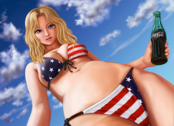 Anime picture 2000x1450 with girls und panzer coca-cola kay (girls und panzer) ebi (eeotoko) single long hair looking at viewer highres breasts blue eyes light erotic blonde hair sky cloud (clouds) realistic girl navel swimsuit bikini
