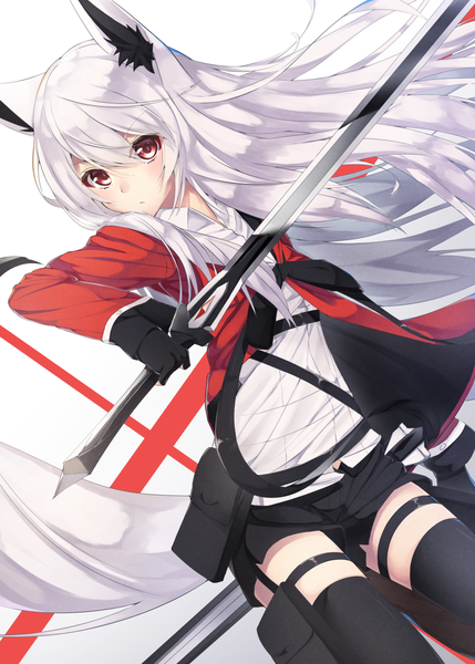 Anime picture 1072x1500 with original shiro youduki single long hair tall image looking at viewer blush fringe simple background hair between eyes red eyes white background holding animal ears payot white hair tail head tilt animal tail open jacket