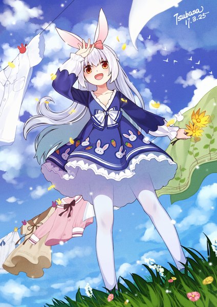 Anime picture 2480x3507 with org.alie.momona momona (mvv) tsubasa tsubasa single long hair tall image highres open mouth smile holding signed animal ears sky silver hair cloud (clouds) outdoors :d arm up from below orange eyes