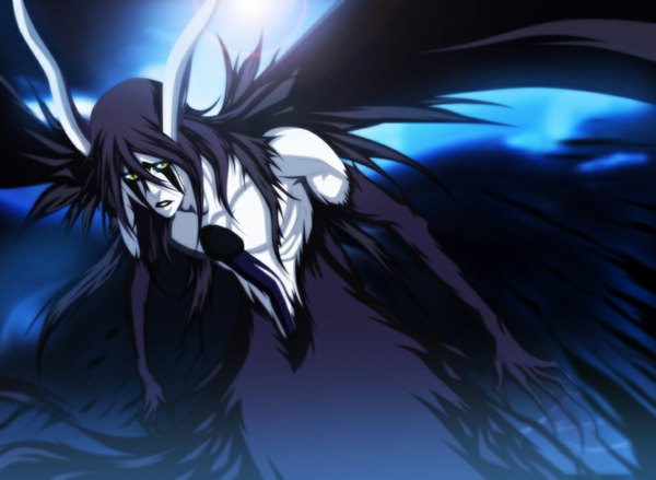 Anime picture 1000x732 with bleach studio pierrot ulquiorra schiffer eroishi single long hair black hair yellow eyes coloring light muscle bat wings face paint espada boy