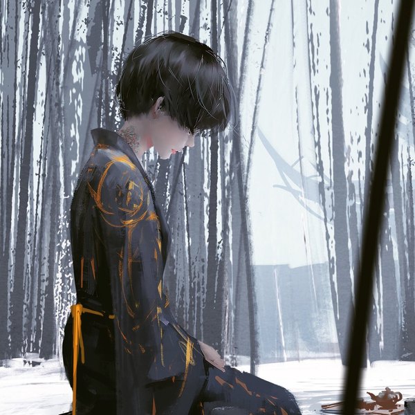 Anime picture 1024x1024 with ghost blade jade (ghost blade) wlop single fringe short hair black hair sitting sky bent knee (knees) outdoors eyes closed long sleeves traditional clothes parted lips head tilt japanese clothes profile lips blurry