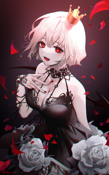 Anime picture 1500x2410 with original naru single tall image looking at viewer fringe short hair breasts open mouth light erotic simple background smile hair between eyes red eyes large breasts standing bare shoulders signed cleavage silver hair