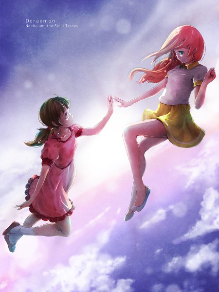 Anime picture 900x1200 with doraemon minamoto shizuka riruru satyuas long hair tall image brown hair twintails multiple girls pink hair cloud (clouds) full body profile copyright name tears low twintails outstretched arm eye contact midair girl