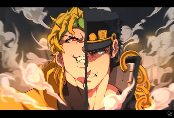 Anime picture 1587x1078 with jojo no kimyou na bouken kujo jotaro dio brando pampy looking at viewer short hair black hair blonde hair smile red eyes signed upper body aqua eyes multiple boys fang (fangs) grin piercing glowing ear piercing letterboxed