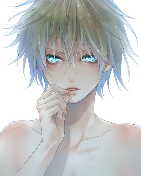 Anime picture 1273x1583 with original hakuseki single tall image looking at viewer fringe short hair open mouth simple background blonde hair hair between eyes white background bare shoulders upper body aqua eyes lips portrait gradient hair topless boy