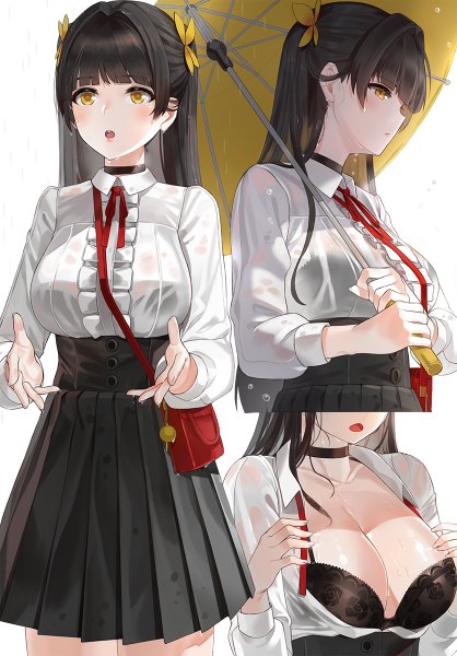 Anime picture 836x1200 with original kfr long hair tall image blush fringe breasts light erotic black hair simple background large breasts white background yellow eyes looking away cleavage blunt bangs pleated skirt :o open shirt rain