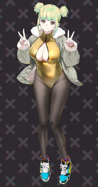 Anime picture 2079x3966 with original yd (orange maru) single tall image looking at viewer fringe highres short hair breasts light erotic simple background smile large breasts standing brown eyes payot full body blunt bangs long sleeves green hair