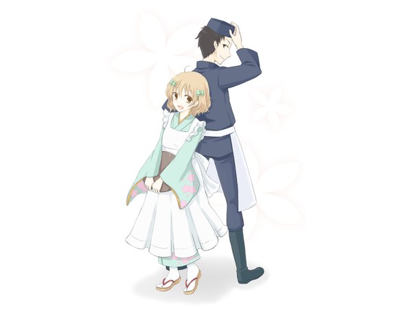 Anime picture 1920x1440 with hanasaku iroha p.a. works matsumae ohana blush highres short hair open mouth black hair blonde hair simple background white background brown eyes traditional clothes couple back to back girl boy hair ornament hat
