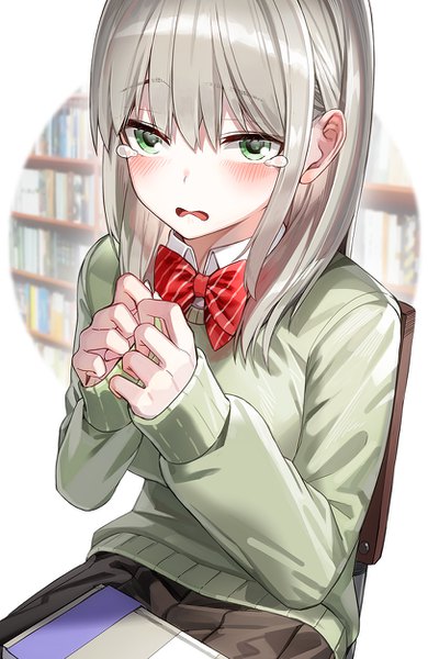 Anime picture 813x1250 with original kfr single long hair tall image looking at viewer blush fringe open mouth hair between eyes sitting green eyes payot long sleeves pleated skirt grey hair sleeves past wrists girl skirt uniform