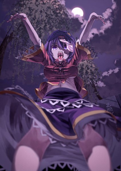 Anime picture 1447x2047 with touhou miyako yoshika ibuki notsu single tall image looking at viewer short hair breasts open mouth purple eyes purple hair cloud (clouds) fingernails arms up from below depth of field saliva girl skirt navel