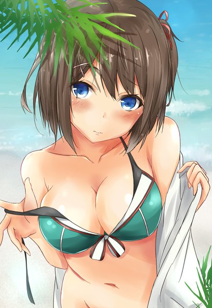 Anime picture 2000x2895 with kantai collection maya heavy cruiser saku (kudrove) single tall image blush highres short hair breasts blue eyes light erotic brown hair large breasts head tilt from above shadow embarrassed beach one side up groin