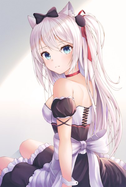Anime picture 1500x2227 with azur lane hammann (azur lane) doroshi single long hair tall image looking at viewer blush fringe blue eyes simple background hair between eyes sitting bare shoulders animal ears payot silver hair looking back from behind cat ears