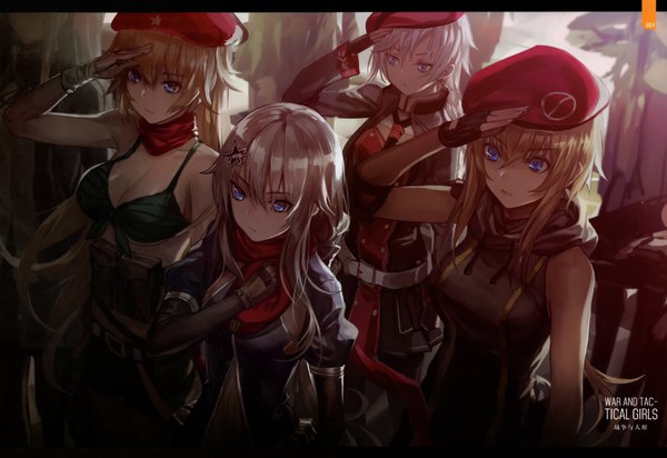 Anime picture 6462x4442 with girls frontline 9a-91 (girls frontline) ots-12 (girls frontline) mg3 (girls frontline) ak47 (girls frontline) infukun long hair fringe highres breasts blue eyes light erotic blonde hair hair between eyes standing multiple girls payot looking away absurdres cleavage