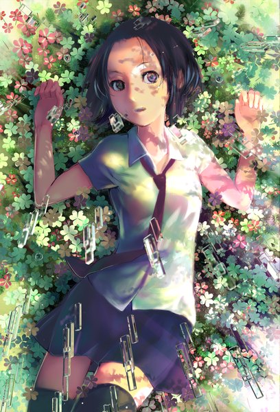 Anime picture 1000x1469 with original zunga tall image short hair open mouth lying multicolored eyes girl thighhighs skirt flower (flowers) shirt necktie water drop