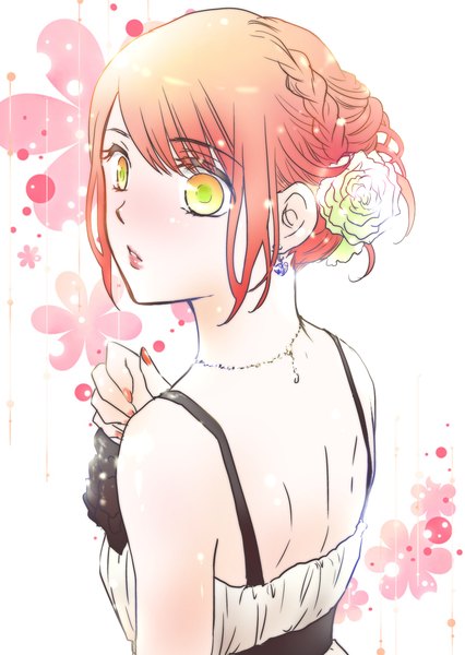 Anime picture 934x1315 with uta no prince-sama a-1 pictures nanami haruka (uta no prince-sama) racco single tall image yellow eyes red hair braid (braids) nail polish parted lips looking back hair flower fingernails lips alternate costume eyebrows alternate hairstyle hair up girl