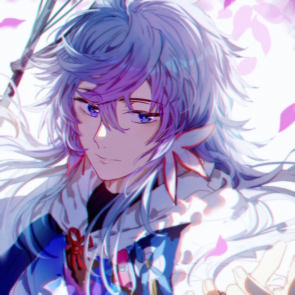 Anime picture 1000x1000 with fate (series) fate/grand order merlin (fate) kanose single long hair looking at viewer fringe blue eyes hair between eyes purple hair upper body outstretched hand boy petals